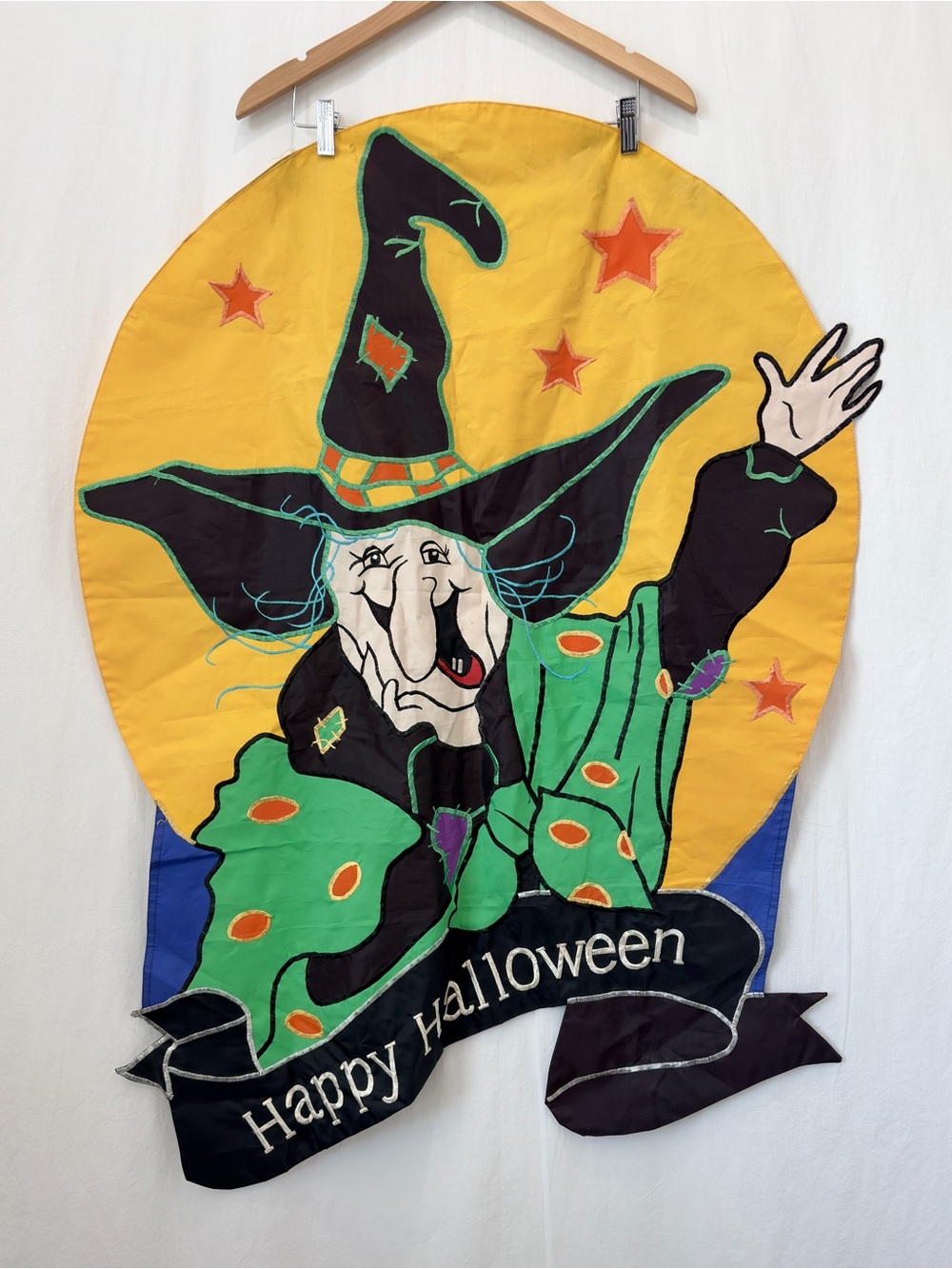 Large Happy Halloween Yellow Black Witch House Porch Flag 32x42 Double Sided